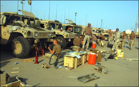 CAMP DOHA, KUWAIT (March 17, 2003)   Preparing HWMVV's for war in Iraq, removing Warn winches and installing MileMarker Hydraulic Winches.